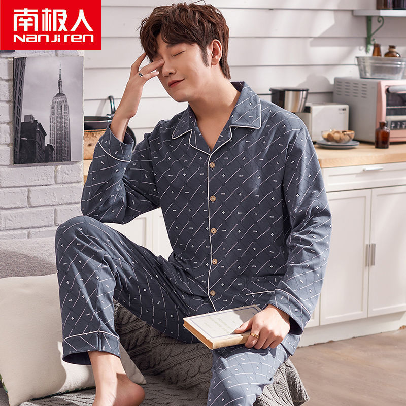 Pijamas de los hombres de manga larga de primavera y otoño 100% algodón de la Juventud de mediana edad más el tamaño de ocio ropa de casa traje