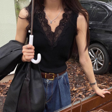 V-Neck Eyelash Lace Sling Autumn and Winter Base Shirt Stitching Knitted Vest Women's Suit Inner Slim Chic Top