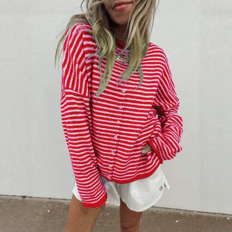 In-Stock 2026 Amazon European and American Cross-Border New Striped Knit Cardigan for Women, Casual Fashion Versatile Outerwear Sweater In-Stock 2026 Amazon European and American Cross-Border New Striped Knit Cardigan for Women, Casual Fashion Versatile Outerwear Sweater