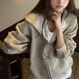 美式复古条纹开衫连帽卫衣女春秋季新款宽松国潮牌情侣拉链外套潮