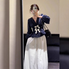 韩版气质蝴蝶结格纹长袖衬衫花苞半裙女装2025秋冬新款高级感套装