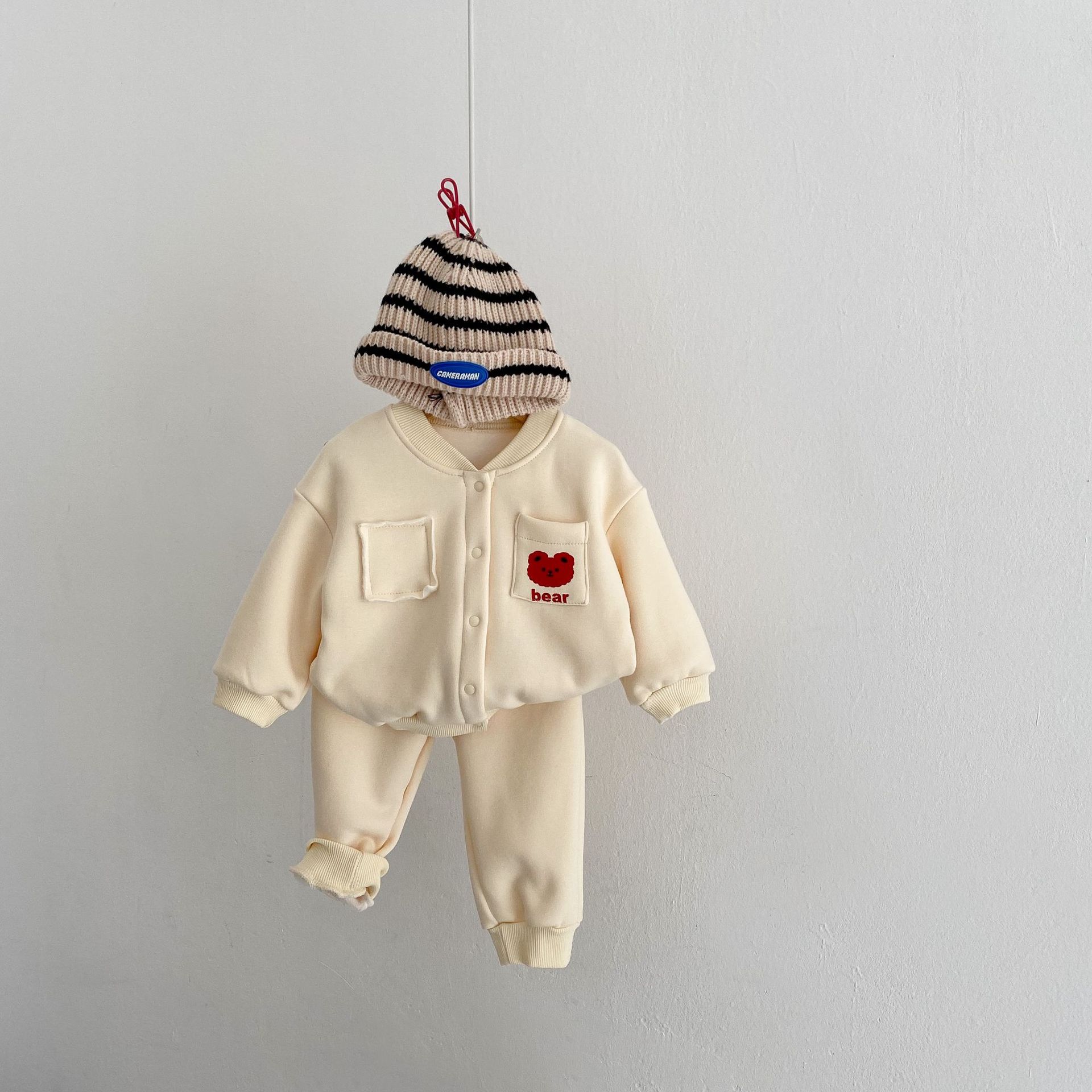 2024 Spring Autumn Baby Boys Girls Rabbit and Bear Printed Coat+Pants with Velvet Warmth Set_voghion.com
