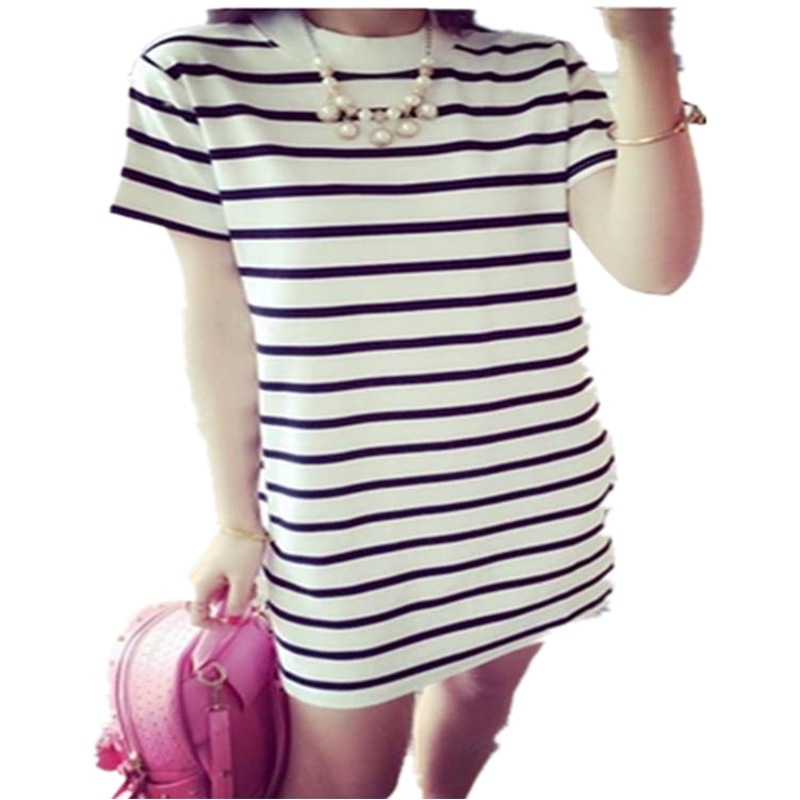 Camiseta de manga corta holgada a rayas de longitud media para mujer, estilo coreano, vestido de mujer a rayas horizontales, verano de 2025
