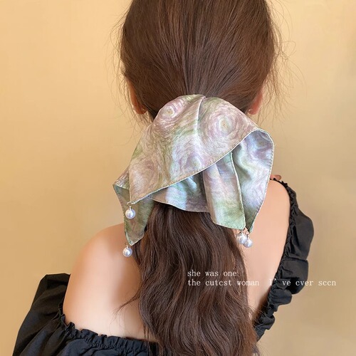 French oil painting pearl square scarf hair tie for women 2025 high-end low ponytail hair tie elegant sweet hair accessory
