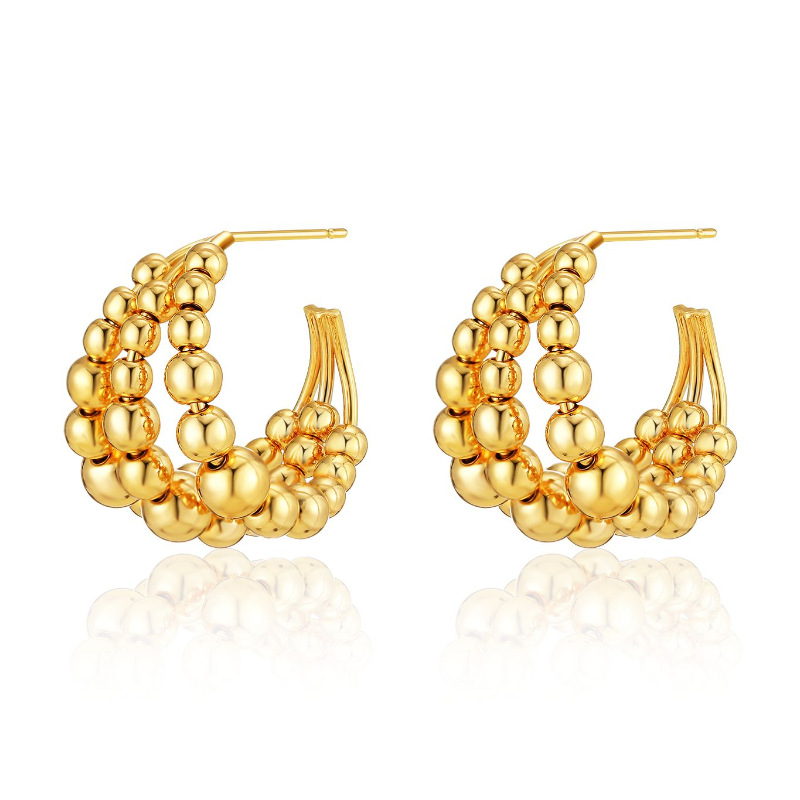 Retro style copper plated 18K real gold C-shaped ear studs three rows of metal ball beaded women's earrings trinkets wholesale