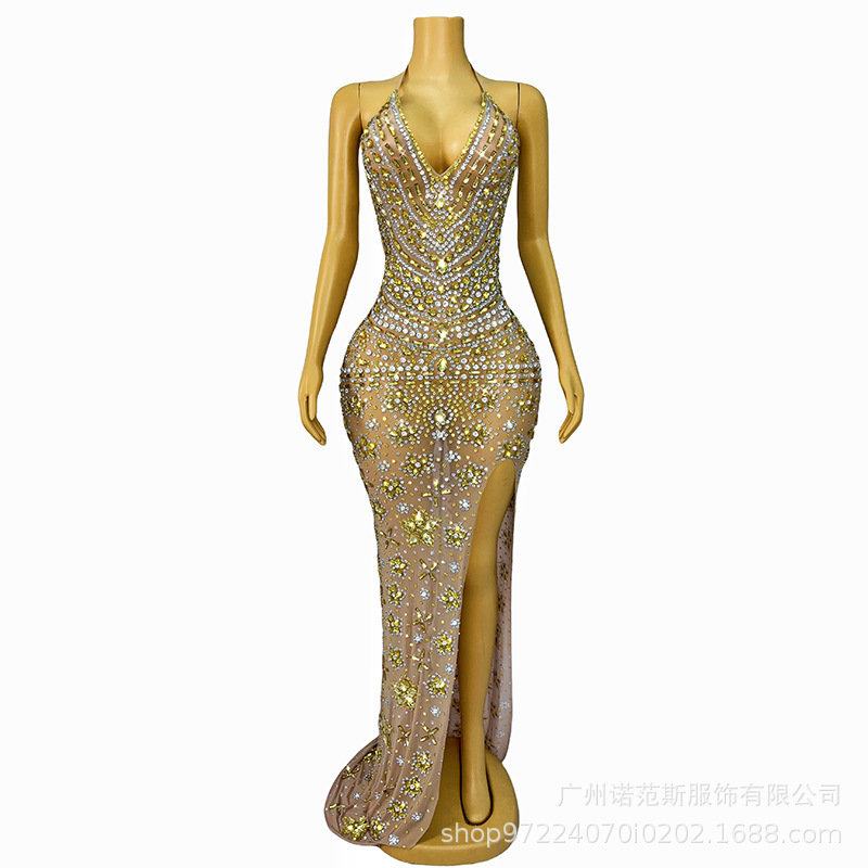 Europe and the United States sexy deep v luxury bright diamond evening cocktail party company annual meeting studio photography host dress