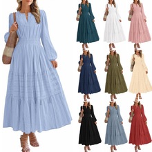 2025欧美外贸跨境女装亚马逊爆款 V领抽褶收腰层层大摆长袖连衣裙