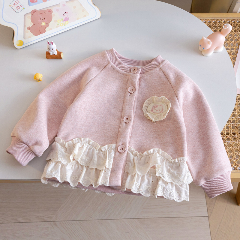 Girls' Knitted Cardigan Jacket 26 New Autumn Cartoon Patchwork Cardigan Top Fashion Lace Hem Children's Clothing