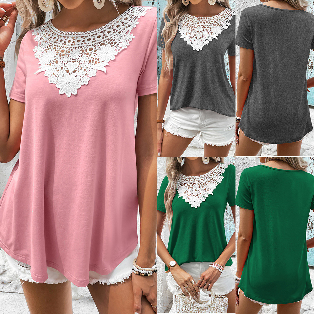 European and American Cross-border Women's Hollow Lace Stitching Round Neck Collar Casual Loose Short-sleeved T-shirt Top for Women