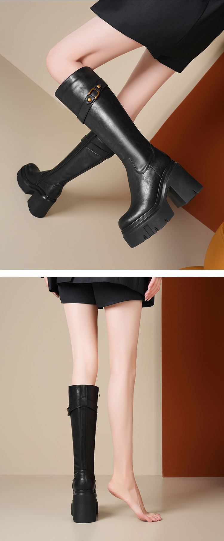 Boot nữ cổ cao ôm bắp chân khóa kéo đế dày gót cao — Lót nhung đen chi tiết 3