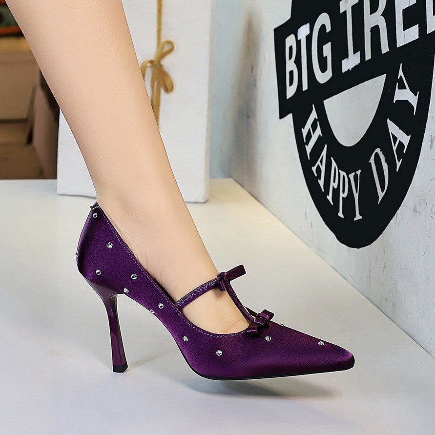 555-1 European and American style sexy slim heeled pointed high heels women's rhinestone bow satin shallow mouth temperament banquet shoes