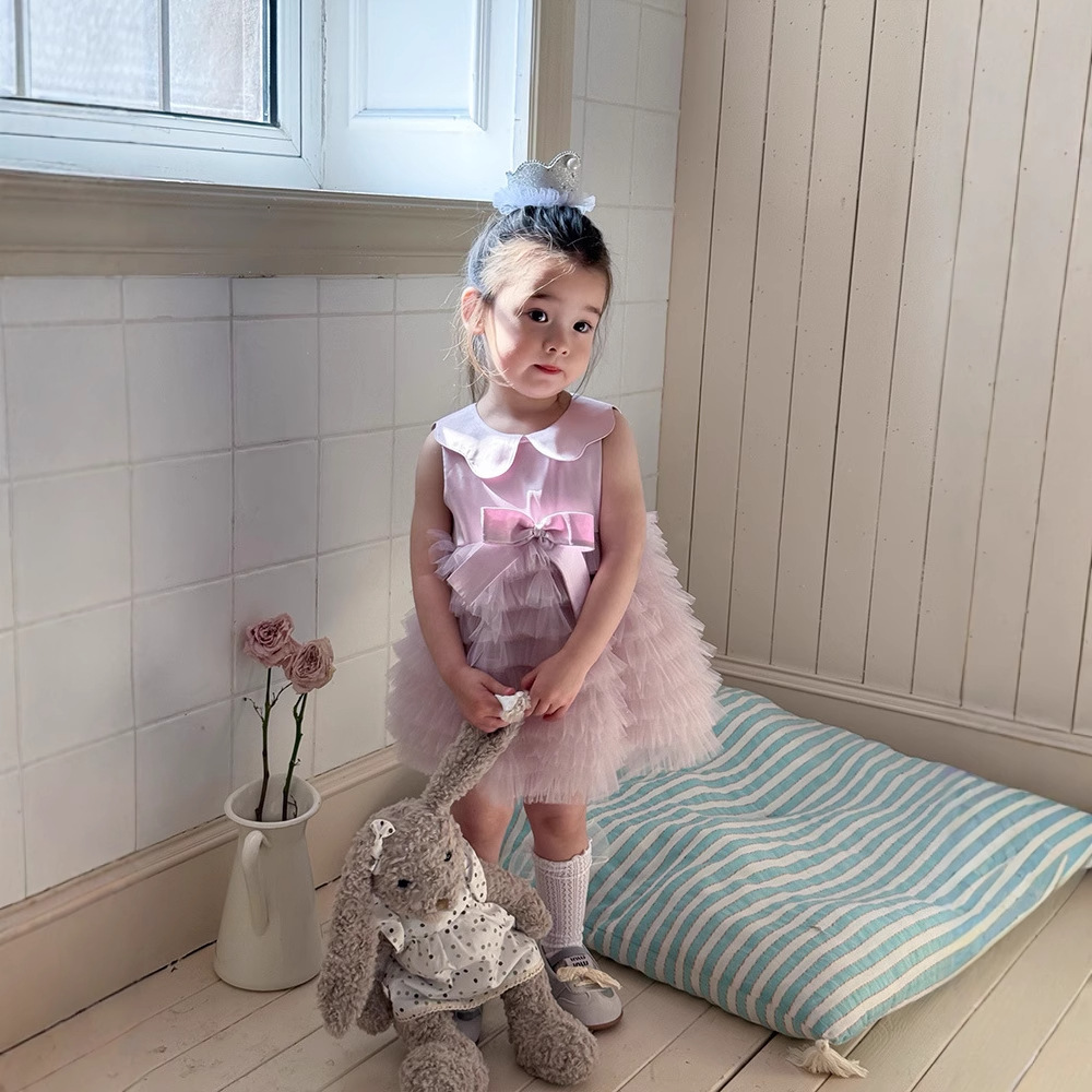 [in Stock] Xq259585 Summer Girls' Infant and Toddler Sweet Mesh Bow Princess Dress