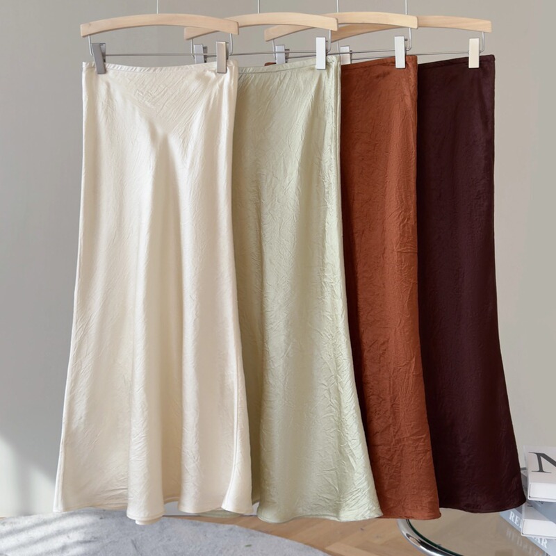 Endi Champagne Color High-End Acetate Satin Fishtail Skirt Draped French Elastic High-Waisted Skirt Long Skirt