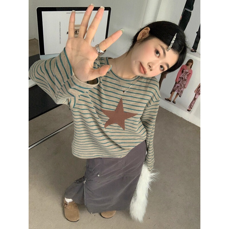 Jin Liang Official Picture [Imitation Cotton Rainbow Strips 90 Polyester 10 Spandex] Niche Retro Stripesd Long-Sleeved T-Shirt for Women in Autumn