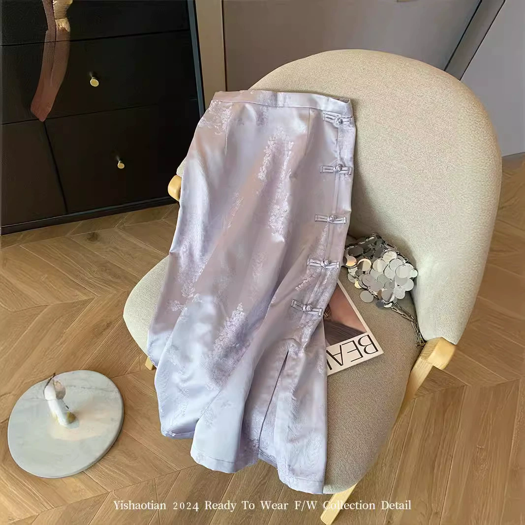 Новый китайский стиль фиолетовый жаккардовый диск с открытой вилкой юбка 2025 женский весенний летний национальный ветер с высокой талией