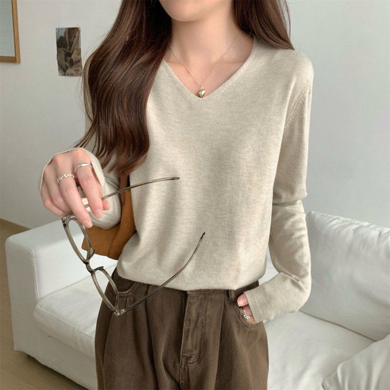 韩版基础款圆领卷边针织衫打底女早秋慵懒风毛衣长袖软糯内搭上衣|undefined