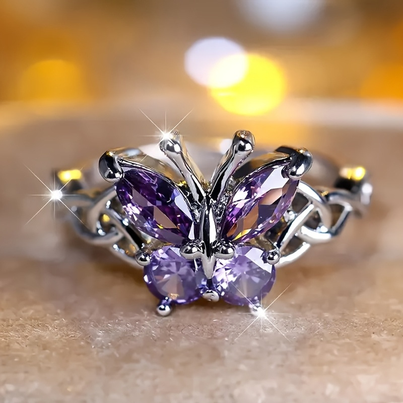 Anillo de mariposa de diamantes morados transfronterizos moda exquisito diseño de personalidad anillo joyería de moda popular joyería de mujer image 1