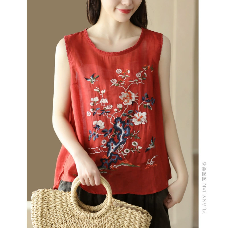 Новый ретро-вышитый жилет из рами на 100 штук, сверхпрочный кружевной летний пуловер без рукавов с круглым вырезом для похудения