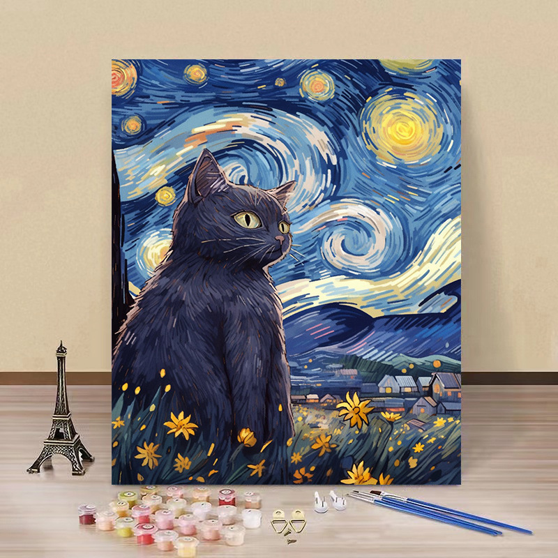 Pintura por números “Gato Estrellado” — arte DIY de fábrica al por mayor, estilo Van Gogh, flores y paisajes hechos a mano