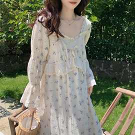 韩国ins女士秋冬新品韩版甜美蕾丝碎花公主风长袖长裙家居服睡衣