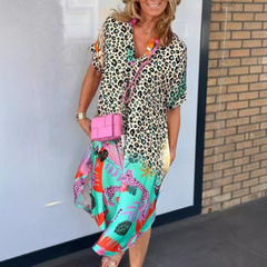 2024跨境外貿歐美秋季新款亞馬遜時尚印花半開領豹紋連衣裙女裝