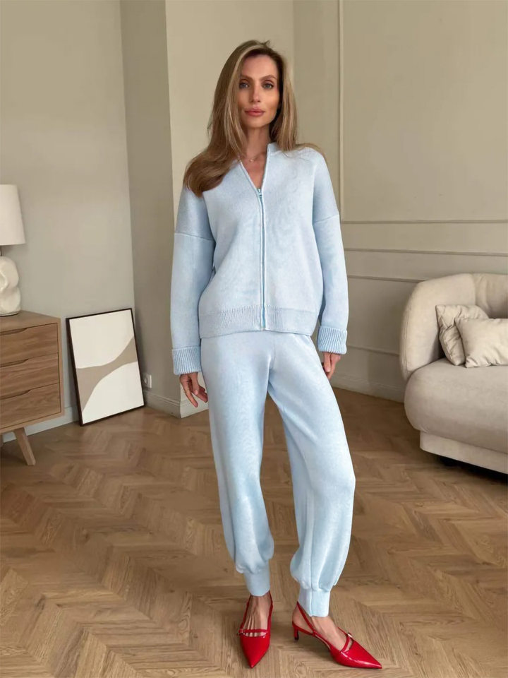 Bộ áo cardigan dệt kim khóa kéo dài tay phối quần ống rộng cho nữ — Màu nâu, Màu trắng, Màu xanh dương chi tiết 23
