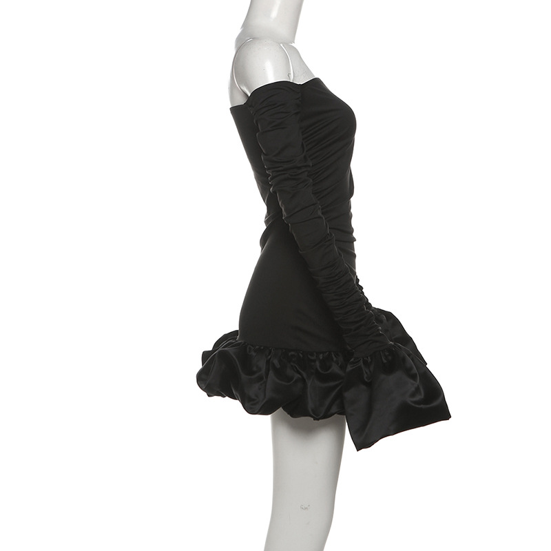 Winter Women Clothing Sweet Fresh off Neck Tube Top Puffed Sleeves Pleated Short Dress