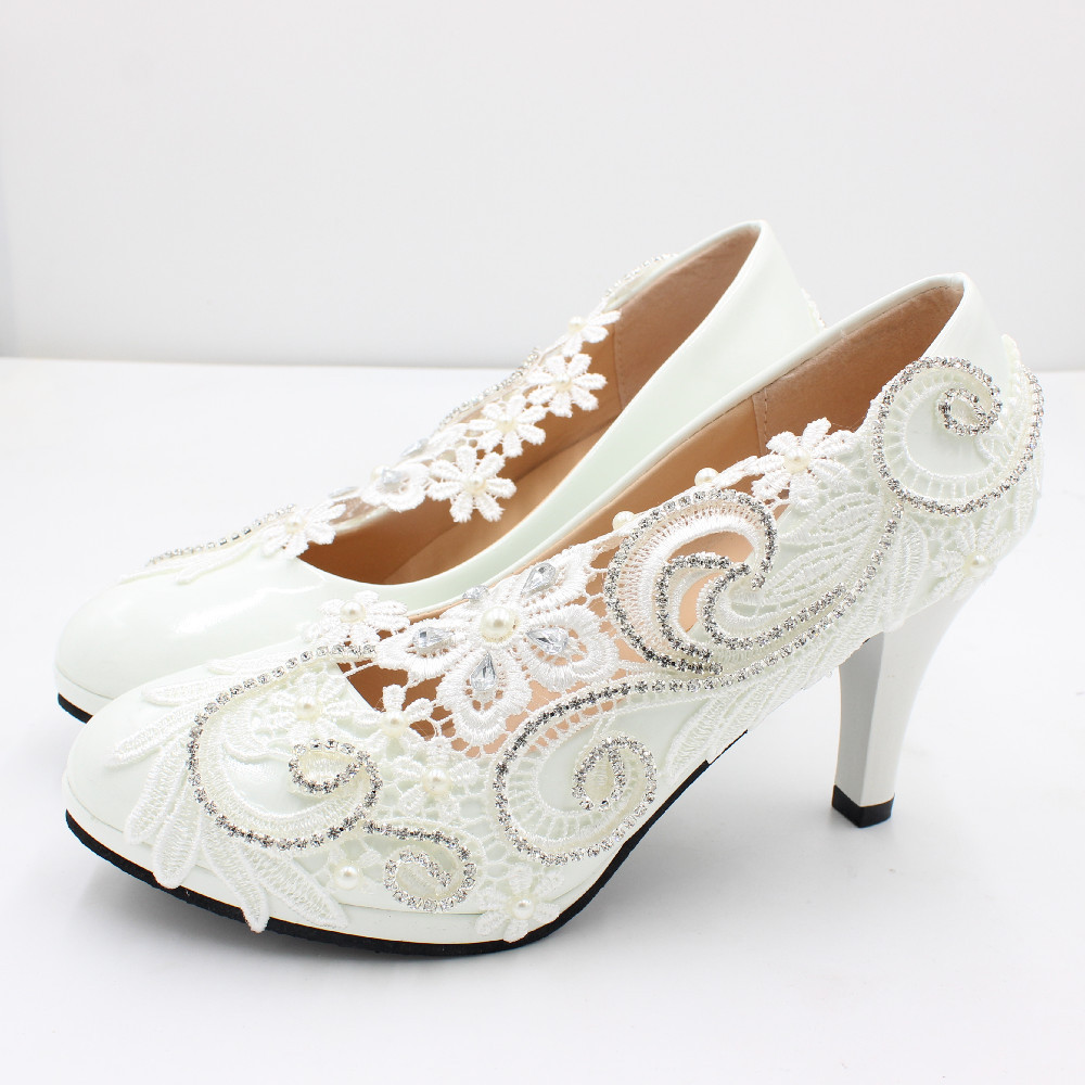 蕾丝水钻白色婚礼鞋新娘高跟礼服鞋黑色橡胶底防滑秋季婚鞋BH2209