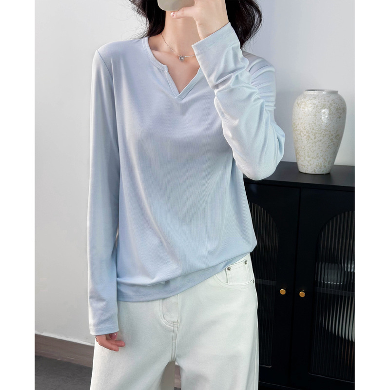 Silk Lightweight Warm V-Neck Long-Sleeve T-Shirt for Women 2026 New Autumn and Winter Slim Fit Stretchy Base Layer Top