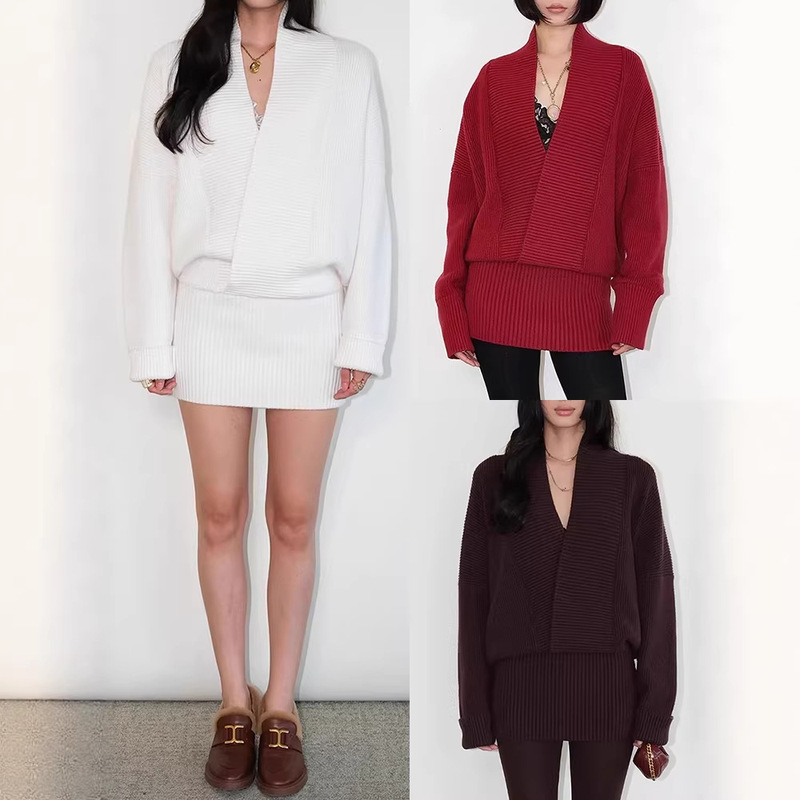 In-Stock Knitted V-Neck Dress with a Unique Design, Chunky Knit Sweater, Lazy Style, Hip-Hugging, Slimming, Sexy Long-Sleeve Top In-Stock Knitted V-Neck Dress with a Unique Design, Chunky Knit Sweater, Lazy Style, Hip-Hugging, Slimming, Sexy Long-Sleeve Top