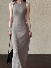 Deer Silk French Vintage Style Sleeveless Dress for Women 2025 Spring New Waist-Cinching Slimming Plaid Long Dress 9721