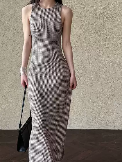 Deer Silk French Vintage Style Sleeveless Dress for Women 2025 Spring New Waist-Cinching Slimming Plaid Long Dress 9721
