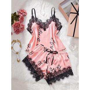 Color Block Lace Letter Print Pajama Set Spaghetti Strap Top