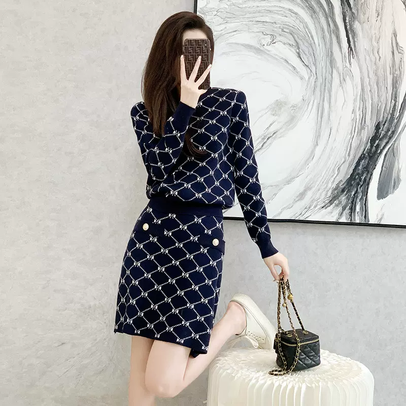 小香风时尚休闲套装女2025秋冬季复古提花毛衣针织两件套装裙子潮