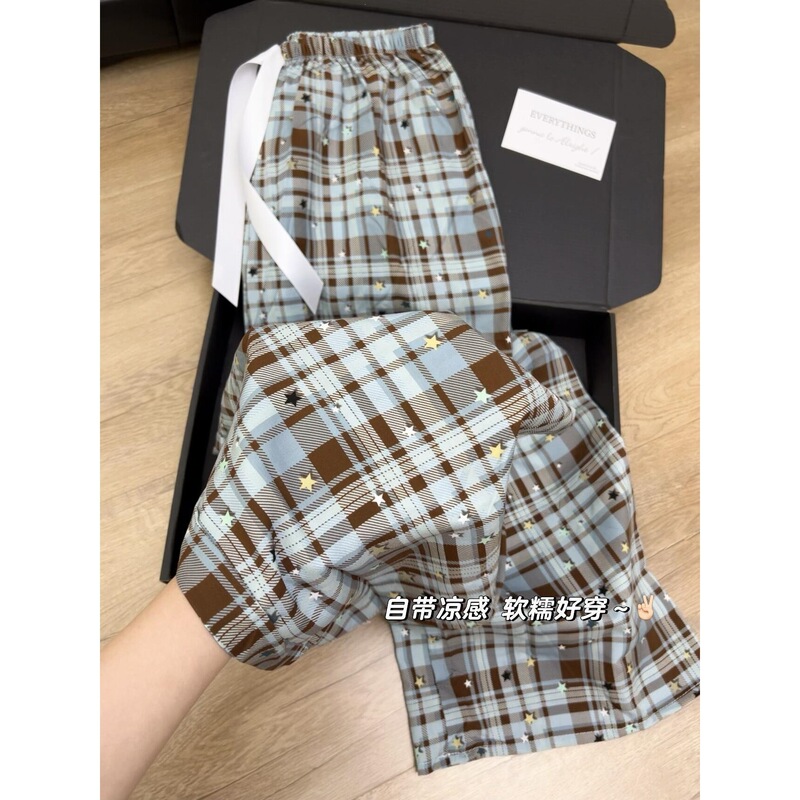 Plus-size Korean-style plaid star-patterned casual pants, relaxed ribbed ice silk pants for women, summer plaid casual pants, large size Plus-size Korean-style plaid star-patterned casual pants, relaxed ribbed ice silk pants for women, summer plaid casual pants, large size