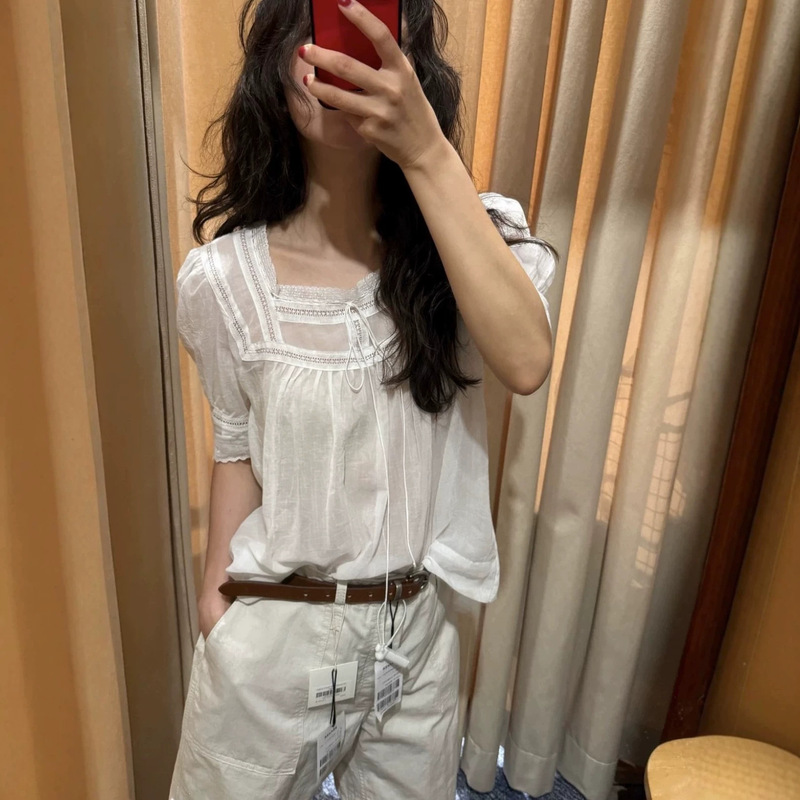 Shi Yi·XH Korean-style lace-up square-neck lace patchwork short-sleeve shirt, Dongdaemun summer new solid color top for women