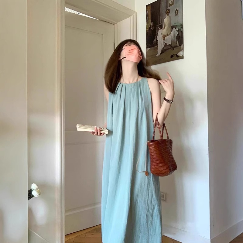 French Style Mori Style Pleated Sleeveless dress Women's Summer Lazy Style Loose Vest Long Dress Seaside Holiday Beach Dress