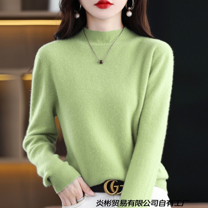 High-End Ready-To-Wear Pure Wool Loose Sweater for Women, Half-Turtleneck Knitted Wool Sweater, Base Layer for Layering