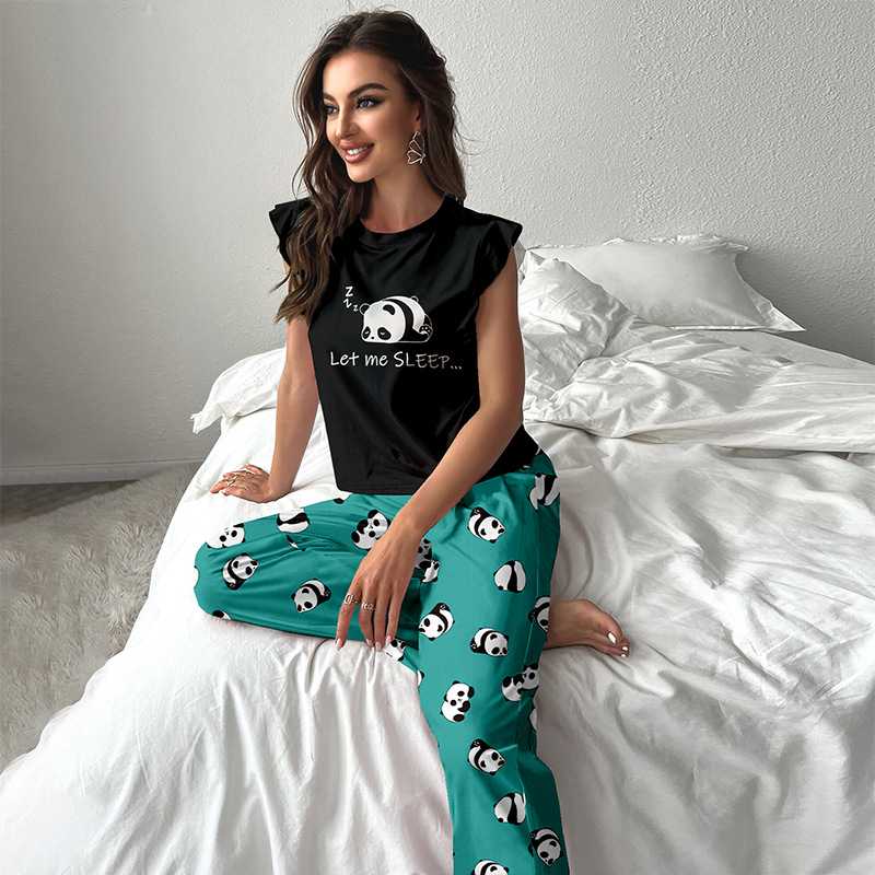 Women's Milk Silk Flutter Sleeve T-Shirt And Trousers Set European American Style Cross Border Pajamas Loungewear for Summer_voghion.com