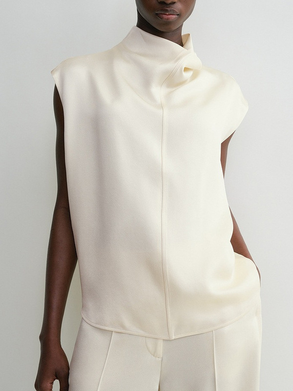 French-Style Niche 2025 Autumn New Elegant Sleeveless Funnel Neck Shirt with Drapey Glossy Half-High Collar Top for Women