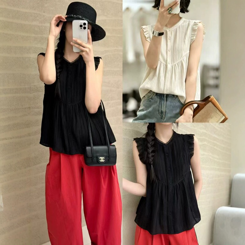 Softly Layered Ruffled Silk Blouse with Small Flying Sleeves, Hollow Lace Trim, and Delicate Design for Summer Softly Layered Ruffled Silk Blouse with Small Flying Sleeves, Hollow Lace Trim, and Delicate Design for Summer