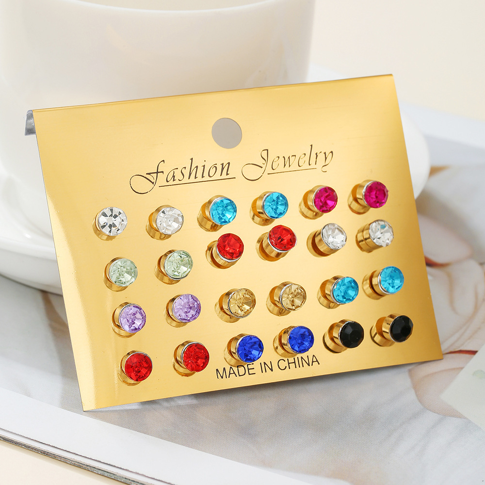 European and American Cross-Border Paper Card Alloy Zircon Earrings 12 Pairs Set in Card Packaging, Women's Earrings Set with Pearl Fashion Elements