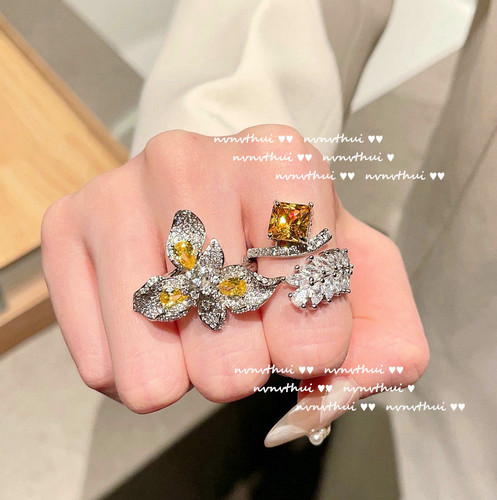 Twilight yellow wheat ear gemstone ring vintage 18K gold plated cicada canary tourmaline zircon ring
