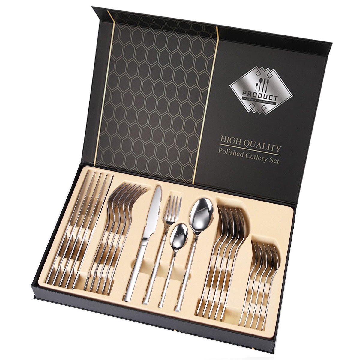 Vajilla de caballero de acero inoxidable de Amazon transfronterizo, bistec occidental, cuchillo, tenedor, cuchara, cuchara de postre, juego de caja de regalo de 24 piezas