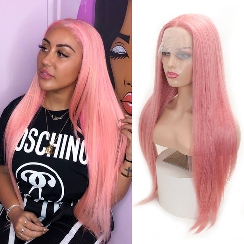 Peluca europea y americana fibra química split costura 13*4*1 encaje Rosa 30 pulgadas larga recta peluca cabeza cubierta en stock venta al por mayor