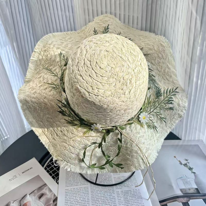 花环拉菲草帽手工编织菊花帽子女夏季出游度假百搭大檐防晒沙滩帽|undefined