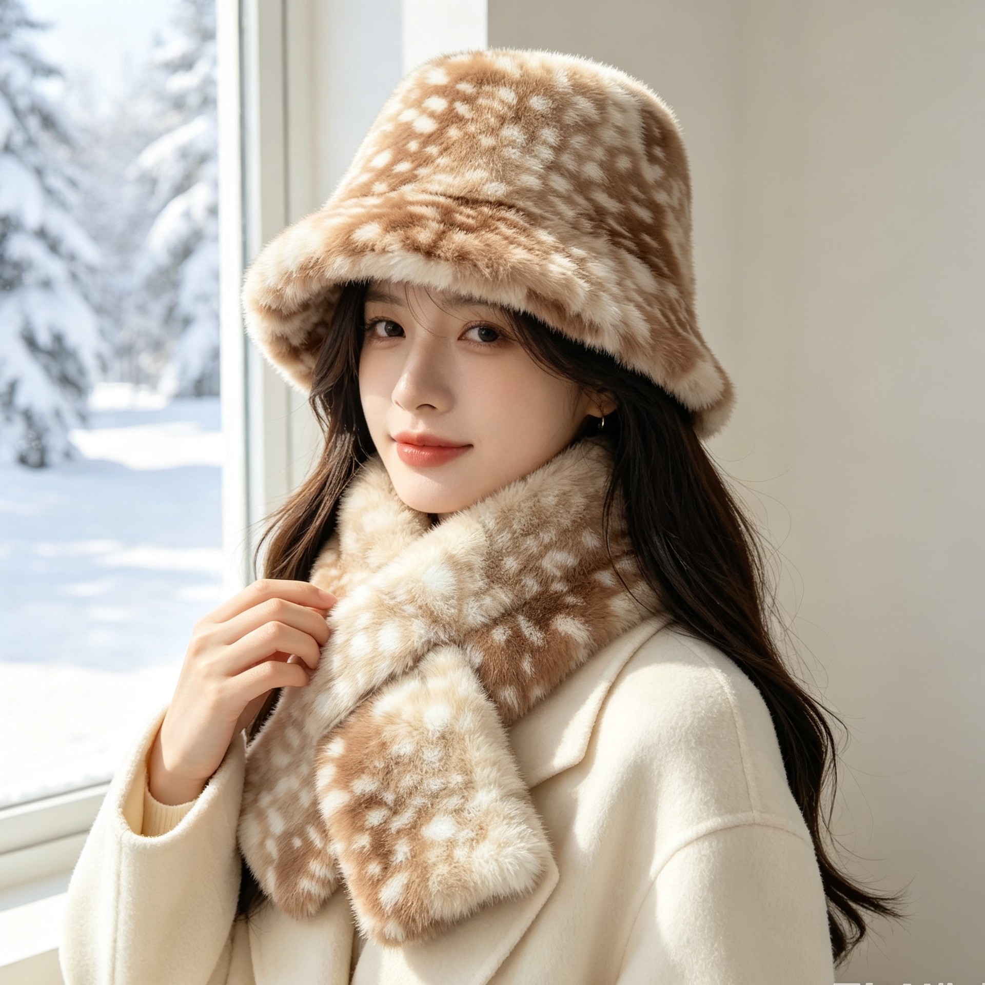 Furry deer-pattern fisherman hat for women, winter thickened and warm, face-slimming hat and scarf two-piece set, cold-proof plush hat