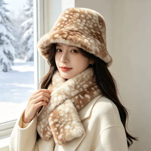 Furry deer-pattern fisherman hat for women, winter thickened and warm, face-slimming hat and scarf two-piece set, cold-proof plush hat