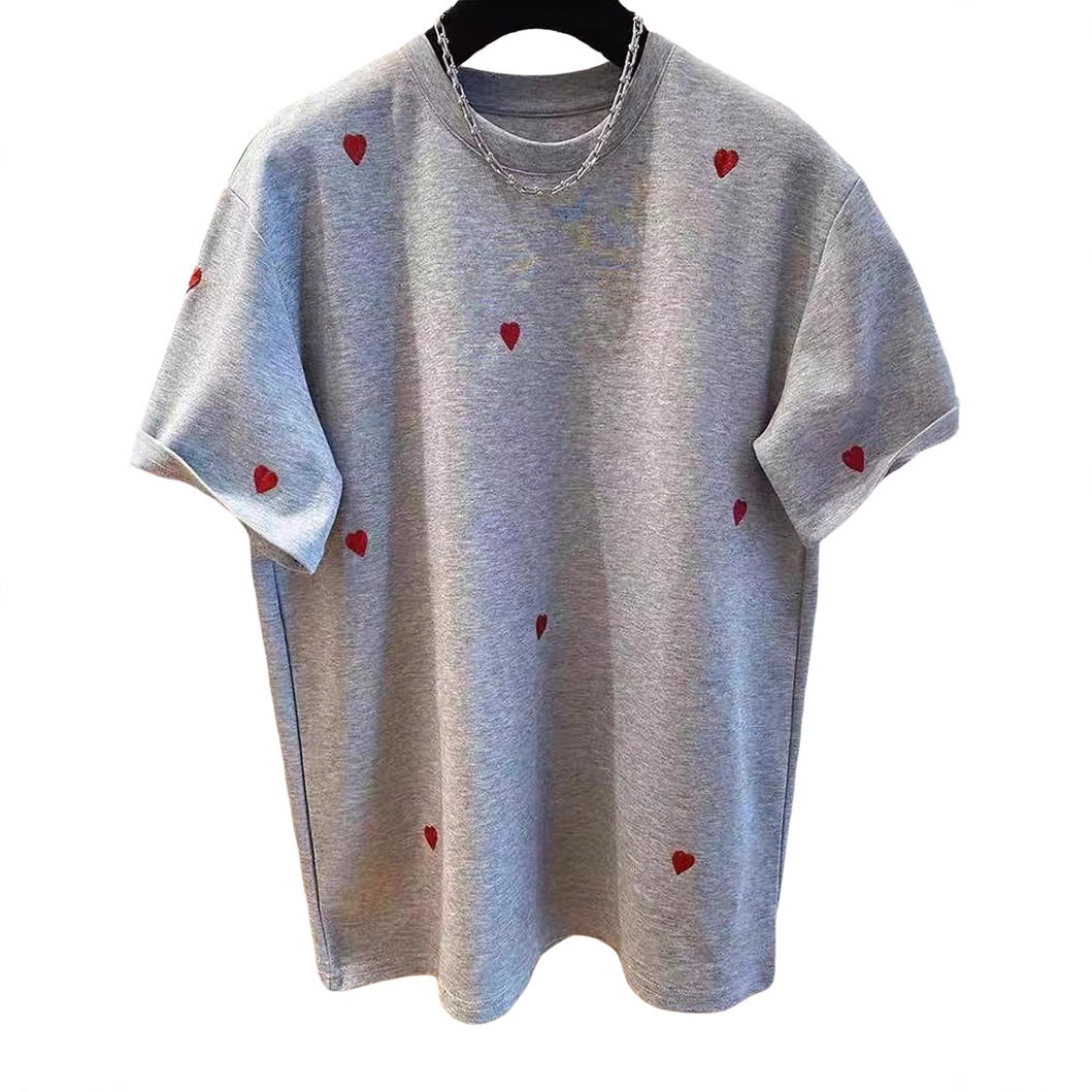 Women's Heart Embroidered T-Shirt Short Sleeved 3D Loose Fit European American Style Summer Top_ecoleips.com