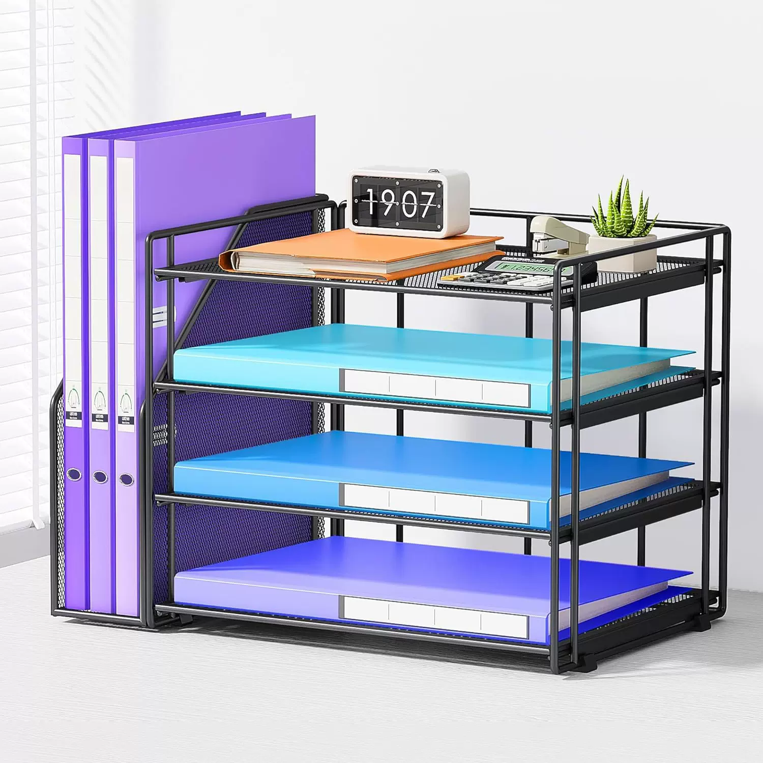 跨境现货多层文件架放桌上免打孔碳钢多功能收纳架铁艺桌面置物架